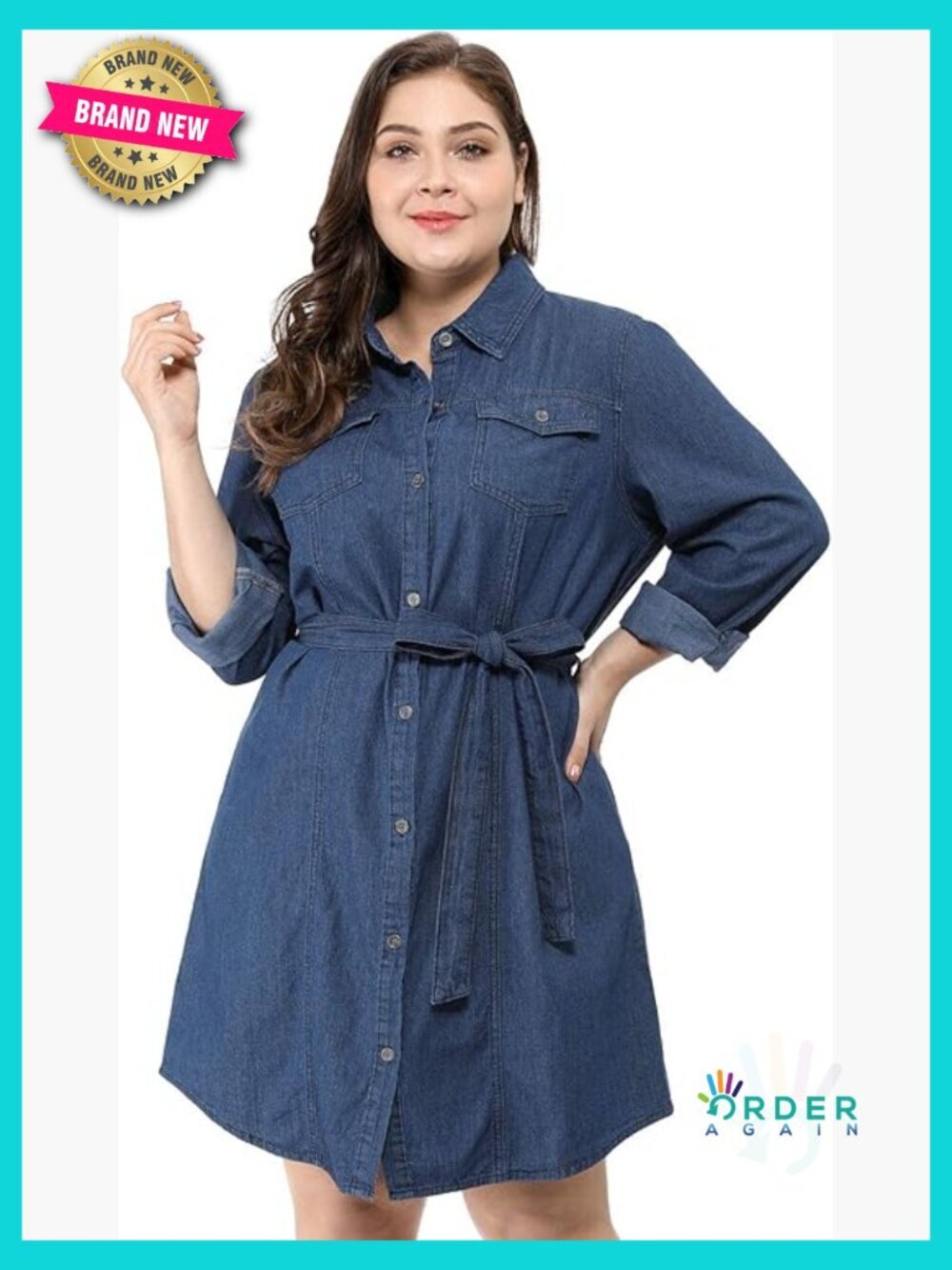 Plus Size Denim Shirt Dress Long Sleeve Button Down Fit & Flare Midi with